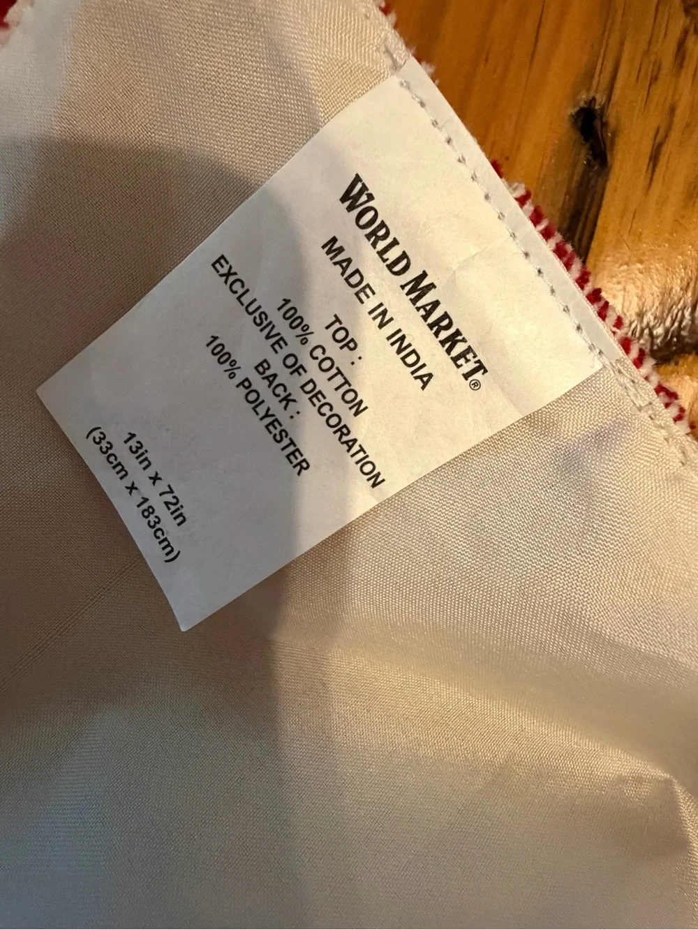 World Market Table Runner, 72” x 13”, Cream with Red Trim, Barely Used